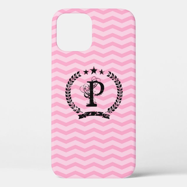 Rosa monogrammiertes Chevron-Muster iPhone 12 Hüll Case-Mate iPhone Hülle (Rückseite)