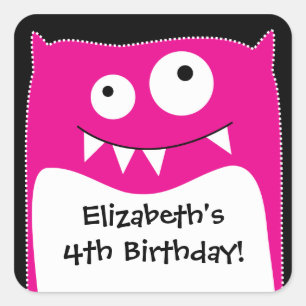 Rosa Monster Bash Birthday Square Aufkleber