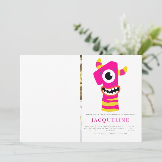 Rosa Monster Girls 1. Geburtstag Party Foto Einladung (Stehend Vorderseite)