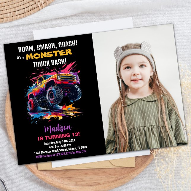 Rosa Monster Truck Geburtstagseinladungen Foto Einladung (Pink Monster Truck Birthday Invitations Photo)