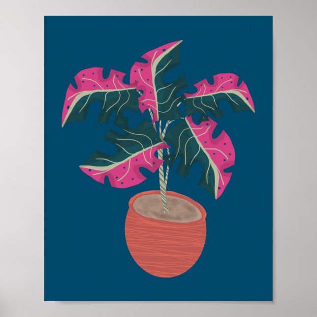 Rosa Monstera Pflanze Handgezeichnet Poster (Vorne)