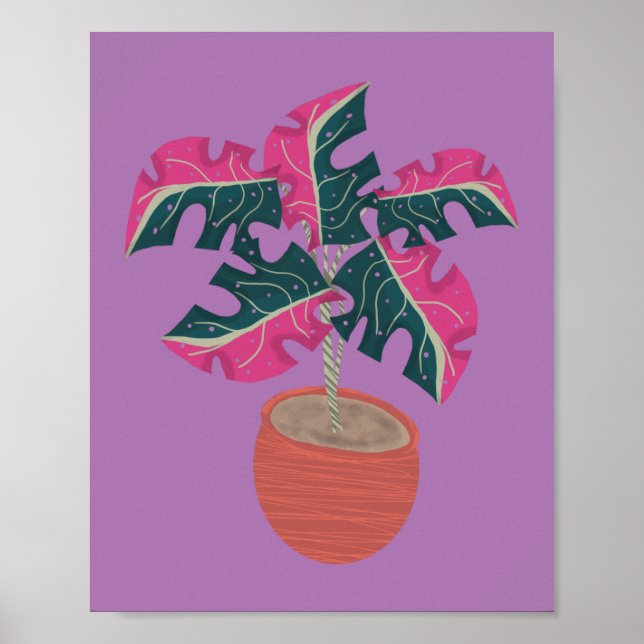 Rosa Monstera Pflanze Handgezeichnet Poster (Vorne)