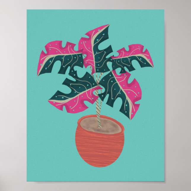 Rosa Monstera Pflanze Handgezeichnet Poster (Vorne)
