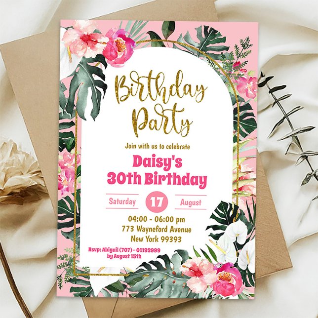 Rosa Monstera Tropical Hawaiian Birthday Party Einladung (Von Creator hochgeladen)