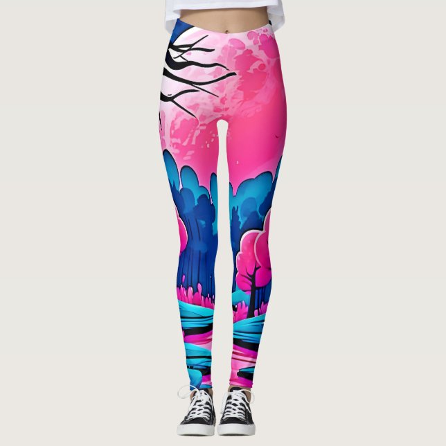 Rosa Moonlit Forest Art Leggings (Vorderseite)