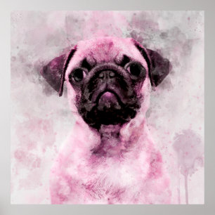 Rosa Mops-Hund Aquarell-Porträt 02 Poster