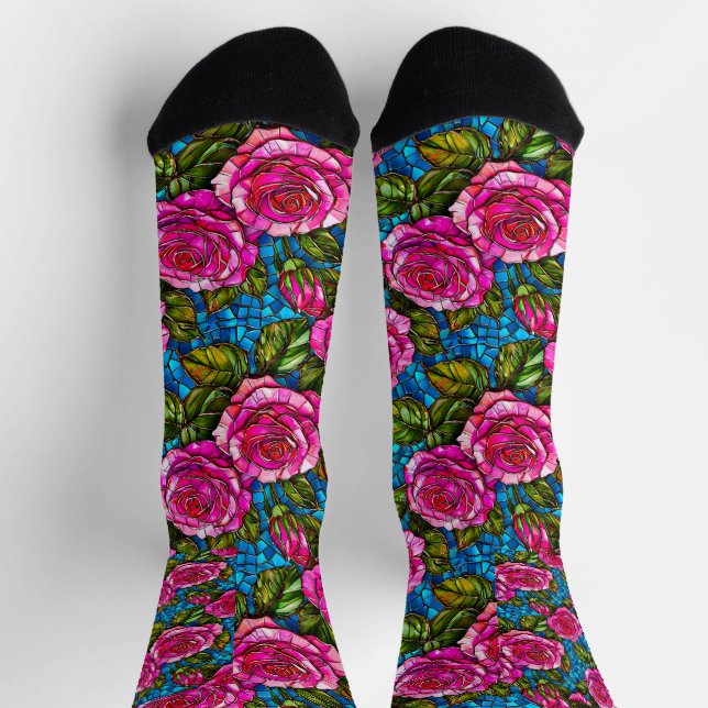 Rosa Mosaik-Rose Socken (Oben)