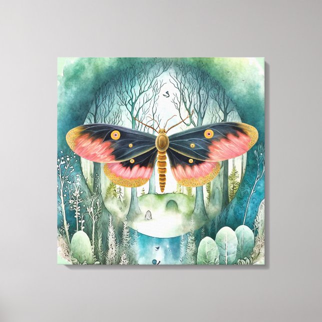 Rosa Moth Forest Night Leinwanddruck (Vorderseite)