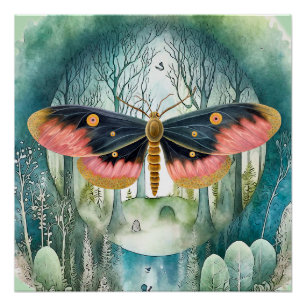 Rosa Moth Forest Night Poster