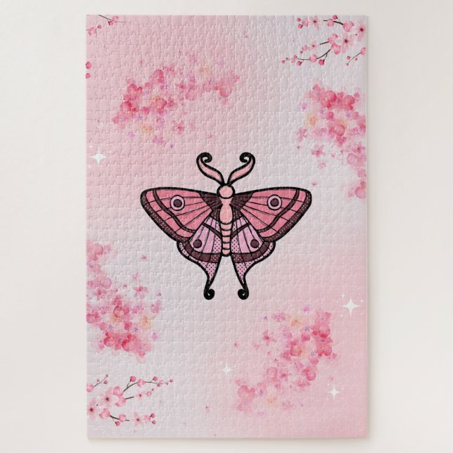 Rosa Moth mit Sakura Blume Hintergrund Puzzle (Vertikal)