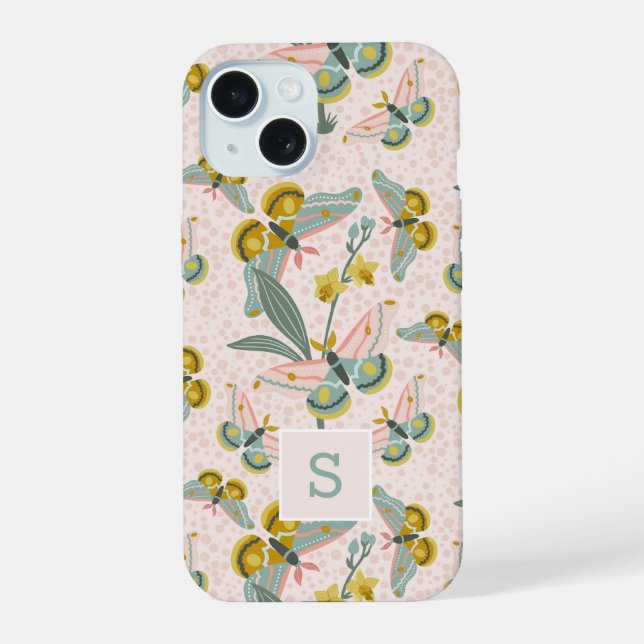 Rosa Motten Und Narzissen Muster Monogramm iPhone 15 Hülle (Rückseite)