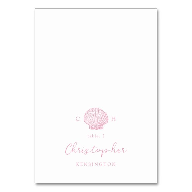 Rosa Muschel-Hochzeitsplatzkarten Tischnummer (Vorderseite)