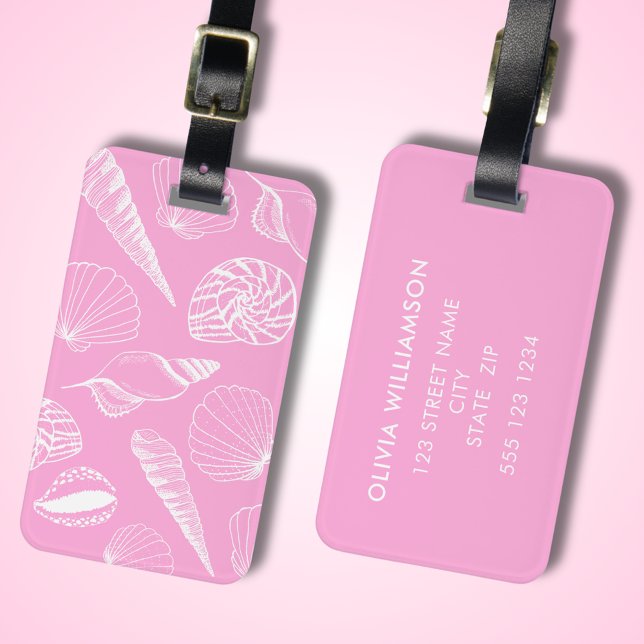 Rosa Muschel Illustriert Gepäckanhänger (Pink sea shell illustrated luggage tag with personalized address details to rear.  )