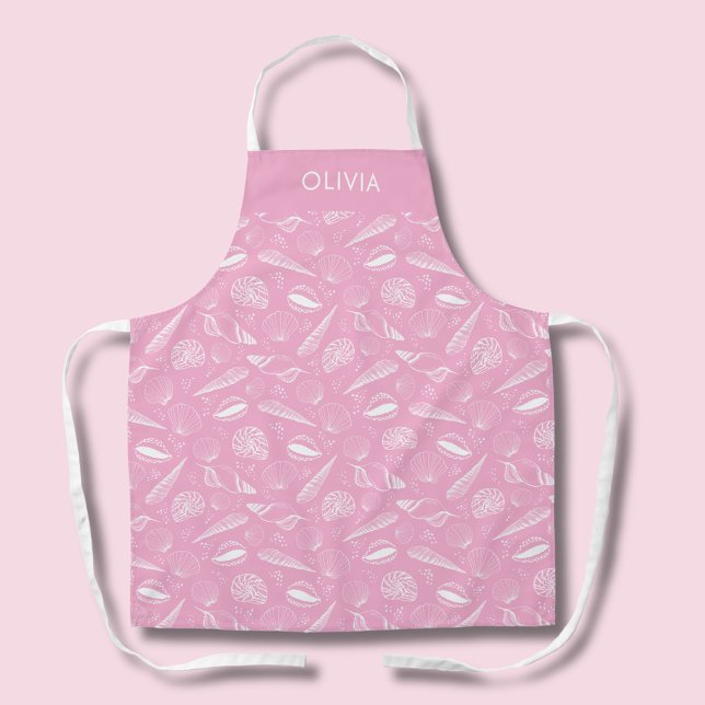 Rosa Muschel-Küstenlinie Schürze (Pink seashell coastal chic personalized kitchen apron.  Matching homeware available.)