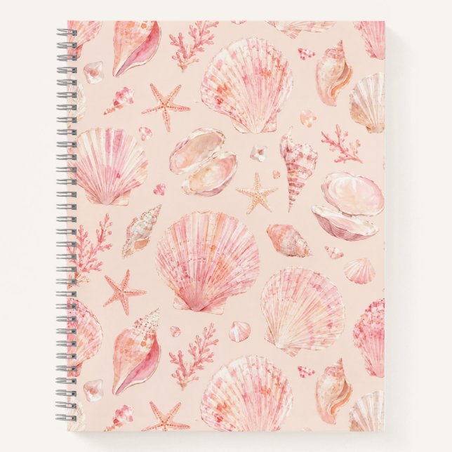 Rosa Muschel-Wasserfarben-Strandmuster Notizbuch (Vorderseite)