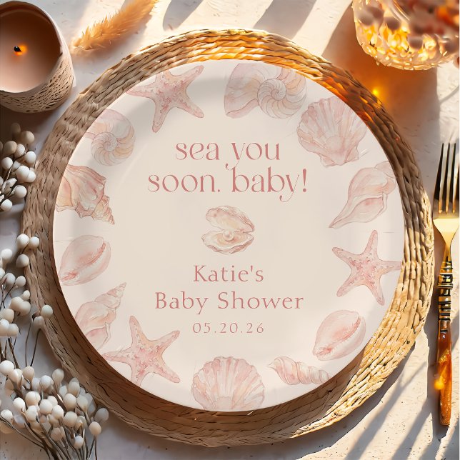 Rosa Muscheln sehen dich bald Baby-Party Pappteller (Von Creator hochgeladen)