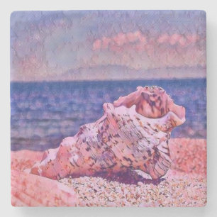 Rosa Muschelschale in der Nähe von lila Meer Aquar Steinuntersetzer