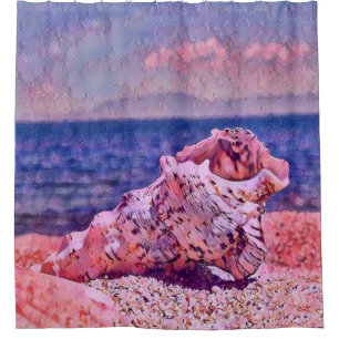 Rosa Muschelschale neben violettem Meer Aquarellma Duschvorhang