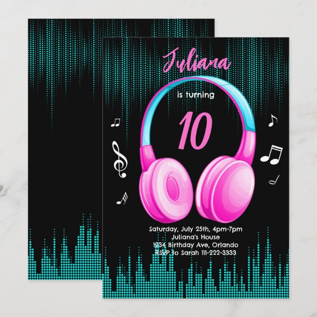 Rosa Musical zum Geburtstag Einladung (Vorne/Hinten)