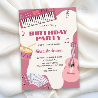 Rosa Musikinstrumente Geburtstag Einladung