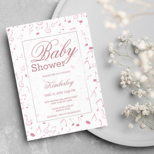 Rosa Musiknote Blütenfarbe  Babydusche Einladung (Blush pink white watercolor music note Baby Shower Invitation)