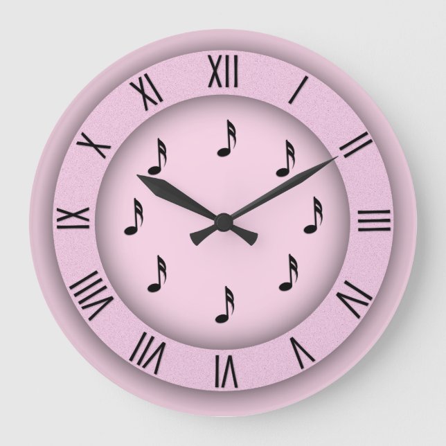 Rosa Musiknoten mit römischen Zahlen Große Wanduhr (Vorderseite)