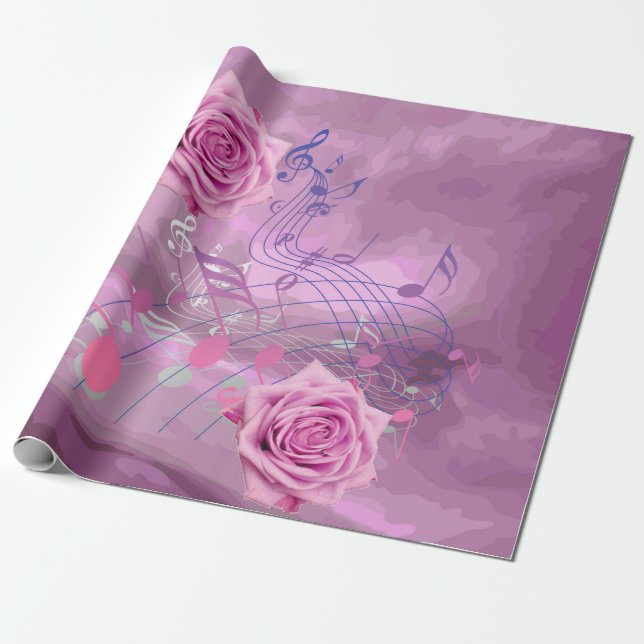Rosa Musiknoten und Rose - Umschlagpapier Geschenkpapier (Ungerollt)