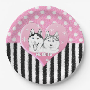 Rosa Muster des Huskieses Pappteller