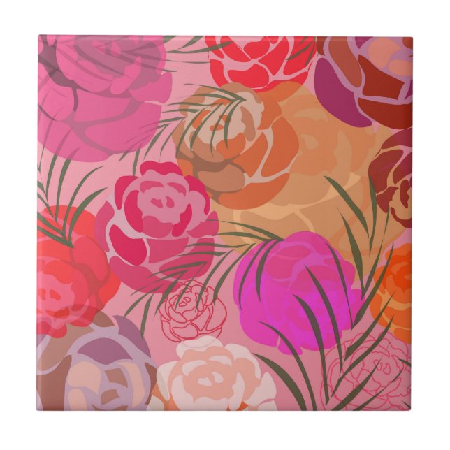 Rosa Muster mit Blume und Pflanze Fliese (Vorderseite)