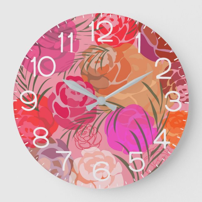 Rosa Muster mit Blume und Pflanze Große Wanduhr (Vorderseite)