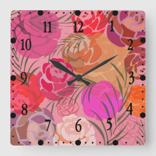 Rosa Muster mit Blume und Pflanze Quadratische Wanduhr