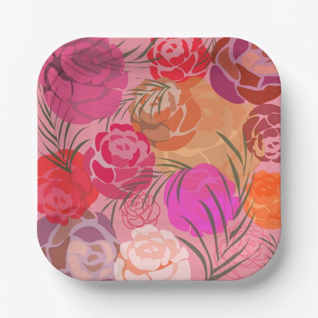 Rosa Muster mit Blume und Pflanze Servietten Pappteller (Vorderseite)