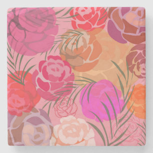 Rosa Muster mit Blume und Pflanze Steinuntersetzer