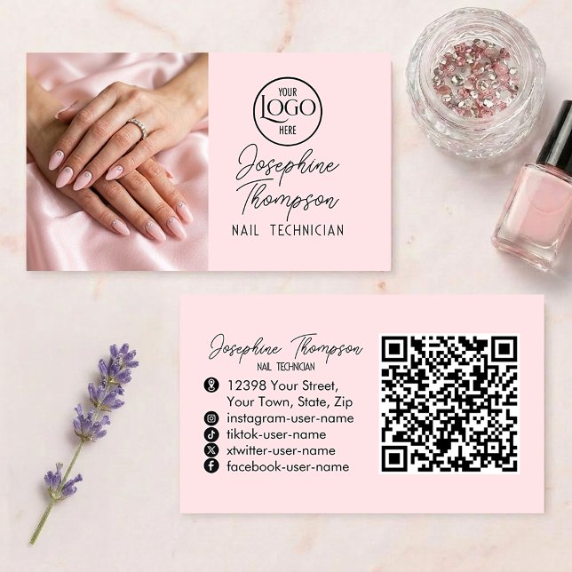Rosa Nagelstudio-QR-Code-Foto Visitenkarte (Blush Pink Nail Salon QR Code Photo Business Card)