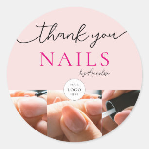 Rosa Nagelstudio-Schrift-Logo-Foto-Danke Runder Aufkleber