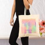 Rosa Name des lila Minze Glitzer Tropfen Tragetasche<br><div class="desc">Ein trendiger,  regenbogenfarbener Hintergrund mit Einhorn- und Regenbogenpastellfarben in Rosa,  lila,  Rose Gold,  Minzgrün. Dekoriert mit Imitaten Glitzer Tropfen in Rose Gold,  Rosa und lila. Personalisieren und fügen Sie einen Namen,  geschrieben mit einem mädchenhaften modernen handgeschriebenen Stil Skript. Lila Buchstaben.</div>