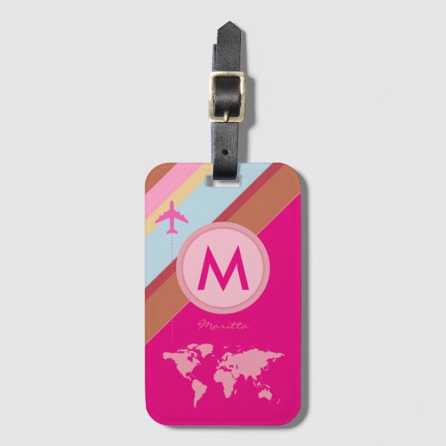 Rosa Name Monogramm Flugzeug personalisiert Gepäckanhänger (Vorderseite Vertikal)