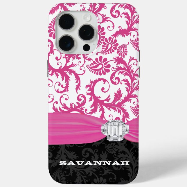 Rosa Name oder Zitat Faux Rhinestone Damast Case-Mate iPhone Hülle (Rückseite)