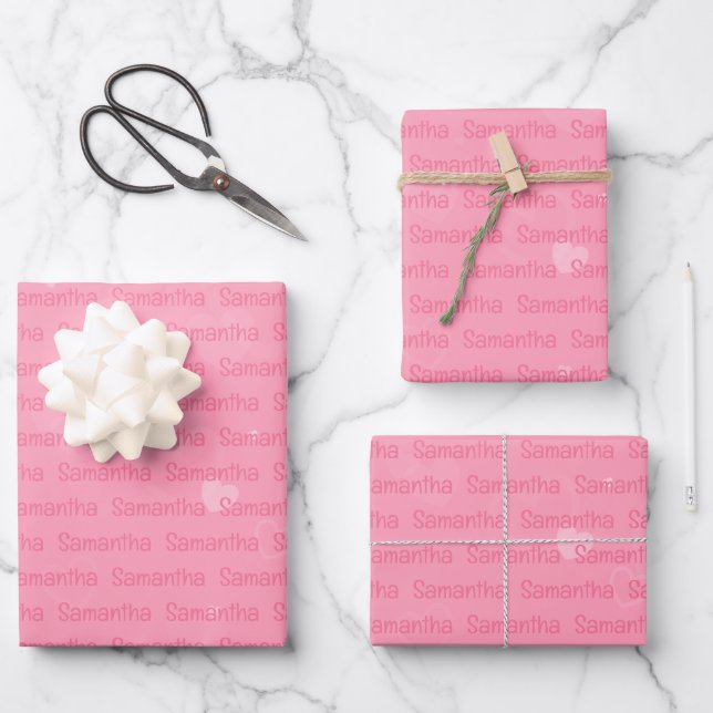 Rosa Name und Herz Personalisiert Geschenkpapier Set (Vorderseite)