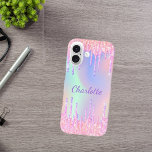 Rosa Namen der lila holografischen Glitzer-Tropfen iPhone 16 Hülle<br><div class="desc">Ein angesagter holografischer Hintergrund mit Einhorn- und Regenbogenfarben in Rosa,  lila,  Rose Gold,  Minzgrün. Dekoriert mit Imitaten Glitzer Tropfen in Rose Gold,  Rosa und lila. Personalisieren und einen Namen hinzufügen. Ein bisschen Alltagsglanz,  um den Tag angenehm zu gestalten!</div>