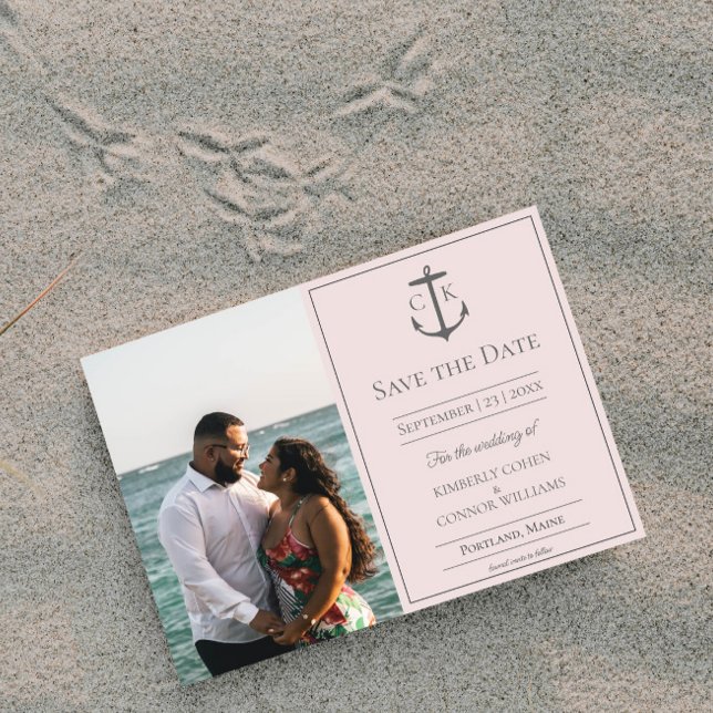 Rosa Nautisches Monogramm-Foto Save the Date (Pink Nautical Monogram Photo Save the Date)