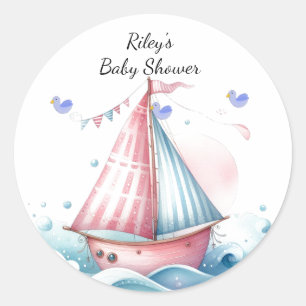 Rosa nautisches Segelboot-Baby-Party Klassiker Runder Aufkleber