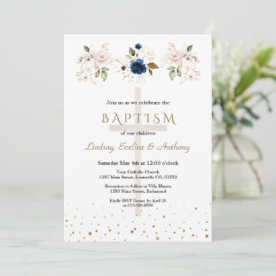 Rosa Navy Blau Blumen Gold Drillinge Taufe Einladung