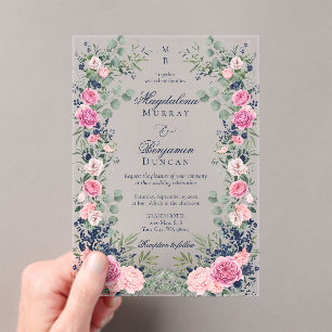 Rosa Navy Blau Florale Eukalyptus-Grün-Hochzeit Acryleinladungen