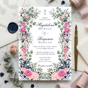 Rosa Navy Blau Florale Eukalyptus-Grün-Hochzeit Einladung