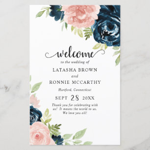 Rosa Navy Blau Florales Modernes Hochzeitsprogramm