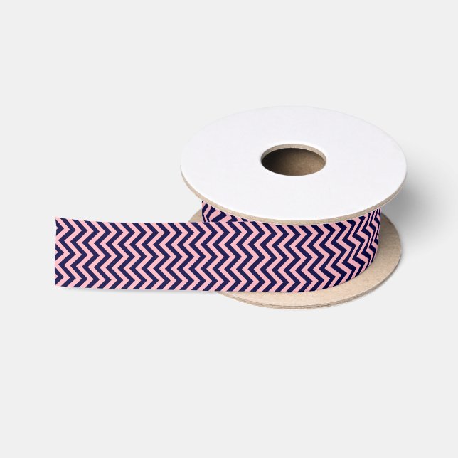Rosa, Navy Blue Grosses Zickzack ZigZag Muster Satinband (Spule)