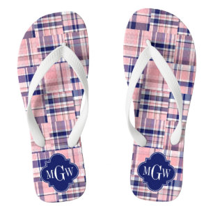Rosa, Navy Blue Preppy Patchwork Madras Monogram Flip Flops