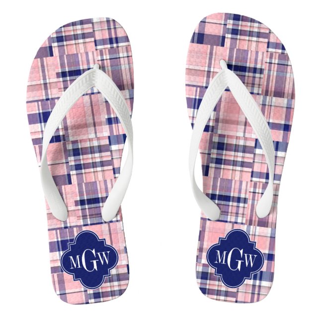 Rosa, Navy Blue Preppy Patchwork Madras Monogram Flip Flops (Fußbett)