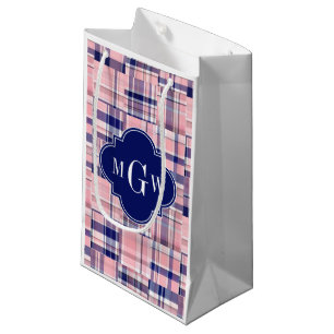 Rosa, Navy Blue Preppy Patchwork Madras Monogram Kleine Geschenktüte